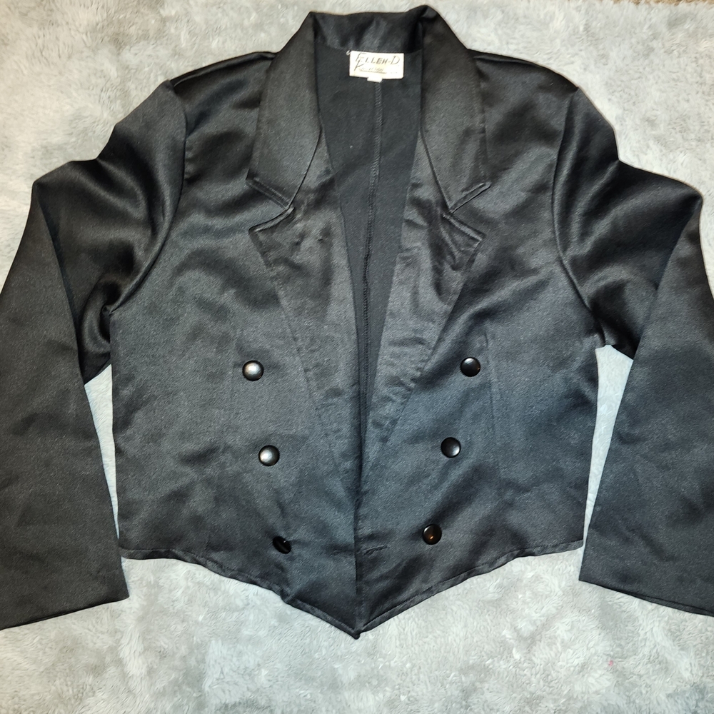 Vintage 90s Cropped Tuxedo Jacket Satin Formal Blazer Goth Prom Womens Blazer